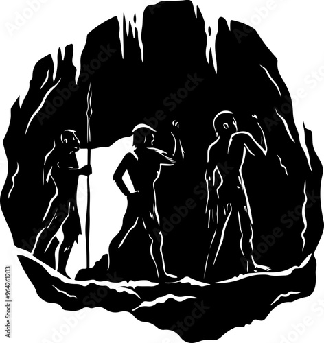 Silhouette of Three Primitive Humans in Cave