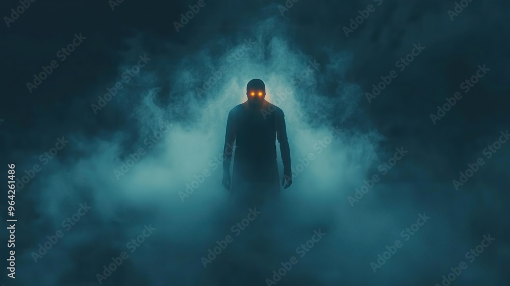 A mysterious figure shrouded in fog with glowing eyes, creating an eerie atmosphere, perfect for horror or suspense themes. A mysterious figure shrouded in fog with glowing eyes, creating an eerie atmosphere, perfect for horror or suspense themes.