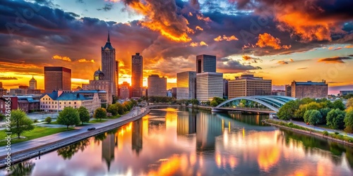 Dramatic sunset casts warm glow on Rochester, New York's bustling downtown skyline, featuring towering buildings, bridges, and tranquil Genesee River waterflow.