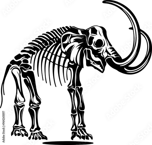 Stylized Mammoth Skeleton Illustration in Black and White