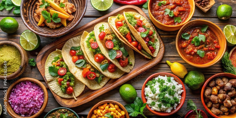 Enticing Array Of Tacos, Tostadas, And Tamales With Vibrant Salsas And Traditional Garnishes Enticing Array Of Tacos, Tostadas, And Tamales With Vibrant Salsas And Traditional Garnishes