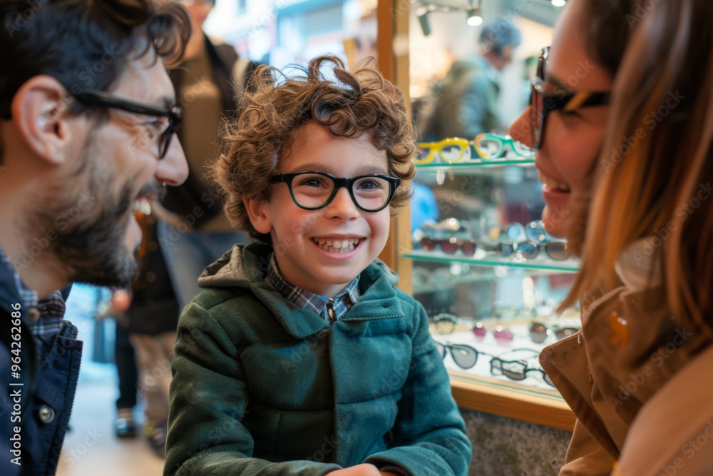5 years old boy sitting excitedly at an eyeglasses shop, trying on a pair of frames, with parents 5 years old boy sitting excitedly at an eyeglasses shop, trying on a pair of frames, with parents