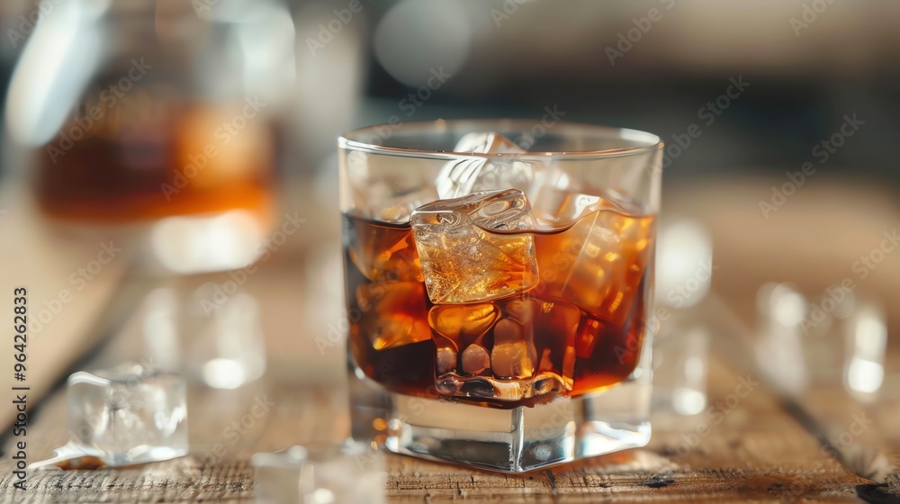A glass of whiskey on the rocks. A glass of whiskey on the rocks.
