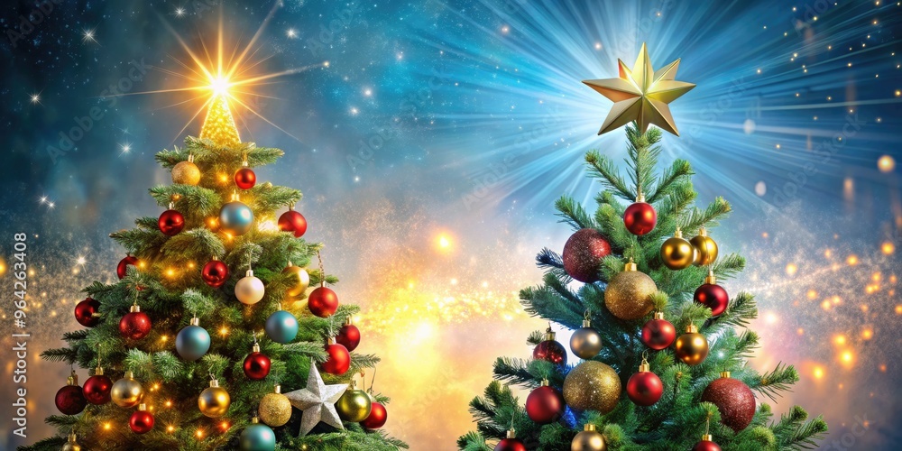 Festive Christmas Tree With Boughs Adorned By Shimmering Ornaments, Lights, And A Shining Star Atop. Festive Christmas Tree With Boughs Adorned By Shimmering Ornaments, Lights, And A Shining Star Atop.