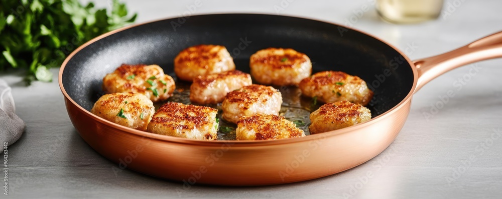 Close-up of a copper skillet with crispy edges on food, easy-clean surface, non-stick finish, perfect browning, luxurious and practical cookware Close-up of a copper skillet with crispy edges on food, easy-clean surface, non-stick finish, perfect browning, luxurious and practical cookware