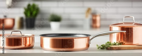 Close-up of a copper saute pan with Teflon coating, arranged with copper pots, glossy surfaces, efficient and stylish cooking tools, modern kitchen photo