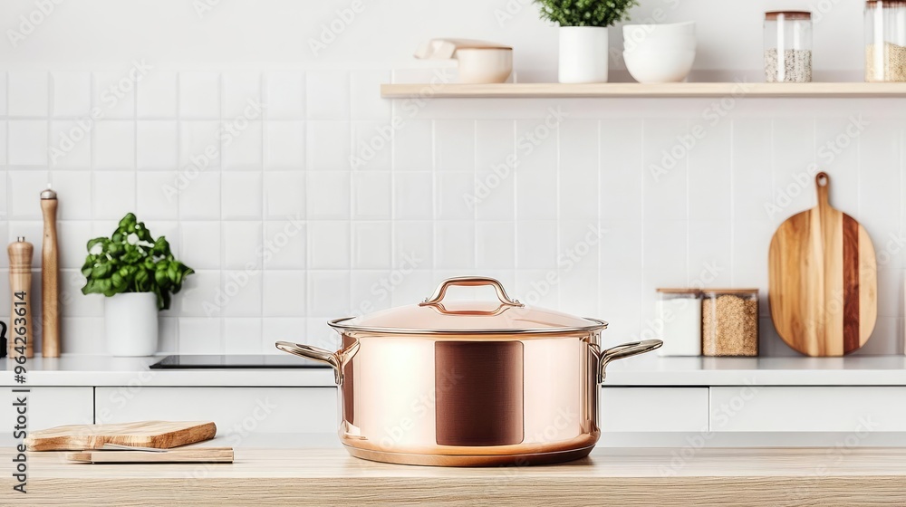 Copper baking pot in a spacious modern kitchen, reflective surface, even heat distribution, high-end cookware, luxury baking setup, ample counter space Copper baking pot in a spacious modern kitchen, reflective surface, even heat distribution, high-end cookware, luxury baking setup, ample counter space