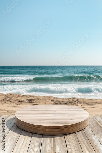 Wooden circular podium on sandy beach with ocean waves and clear blue sky in backdrop. Product display background with copy space.