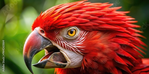 Fierce, Red-Feathered Bird With An Aggressive Gaze And A Gaping Beak Filled With Sharp Teeth