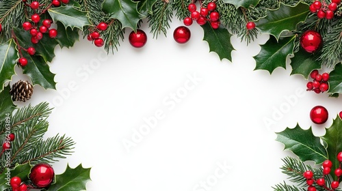 Christmas Holly and Fir Branches Creating a Decorative Frame on a White Background