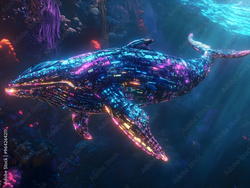Fototapeta premium Sleek Bionic Cetacean Navigating Kaleidoscopic Deep Sea Environment with Iridescent Exoskeleton