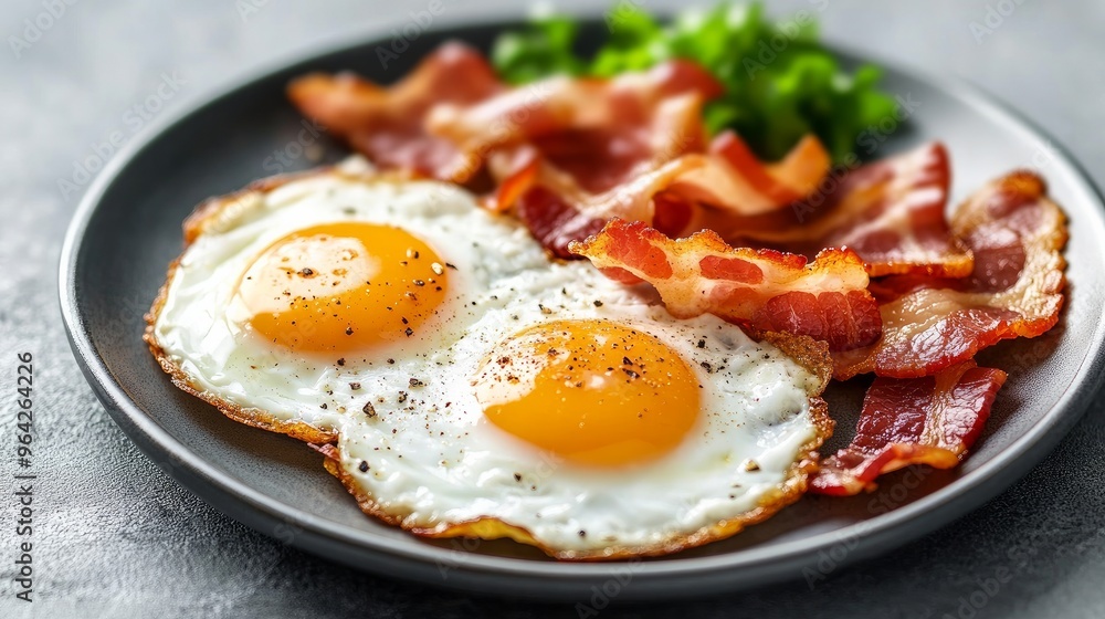 Close-up of bacon and cooked eggs for breakfast. A nutritious keto dinner of fried sunny side eggs and bacon on a plate.
Close-up of bacon and cooked eggs for breakfast. A nutritious keto dinner of fried sunny side eggs and bacon on a plate.
