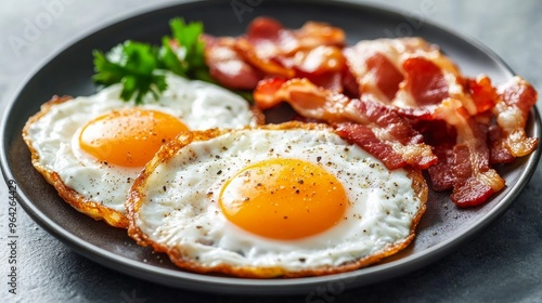 Close-up of bacon and cooked eggs for breakfast. A nutritious keto dinner of fried sunny side eggs and bacon on a plate. 