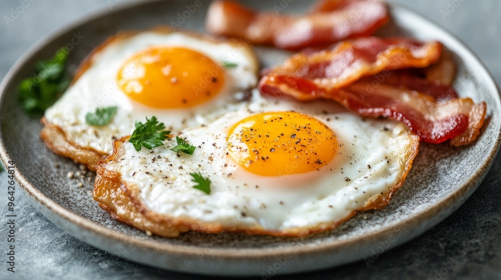 Close-up of bacon and cooked eggs for breakfast. A nutritious keto dinner of fried sunny side eggs and bacon on a plate.
Close-up of bacon and cooked eggs for breakfast. A nutritious keto dinner of fried sunny side eggs and bacon on a plate.