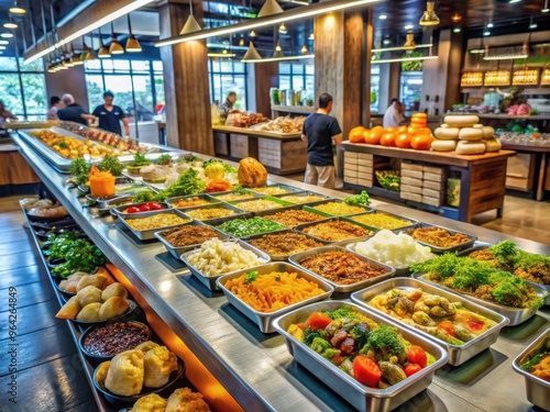 Freshly prepared international dishes, including sushi, tacos, and curries, line a bustling food court counter, surrounded by vibrant signs and modern cooking appliances. photo