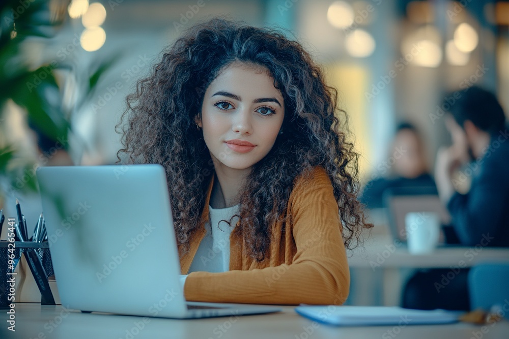 Beautiful Middle Eastern Manager Sitting at a Desk in Creative Office. Young Stylish Female with Curly Hair Using Laptop Computer in Marketing Agency. generative ai Beautiful Middle Eastern Manager Sitting at a Desk in Creative Office. Young Stylish Female with Curly Hair Using Laptop Computer in Marketing Agency. generative ai