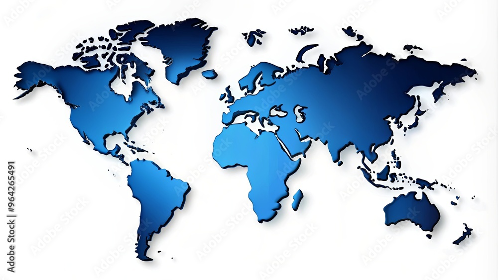 Blue world map with countries and continents outlined on a white background