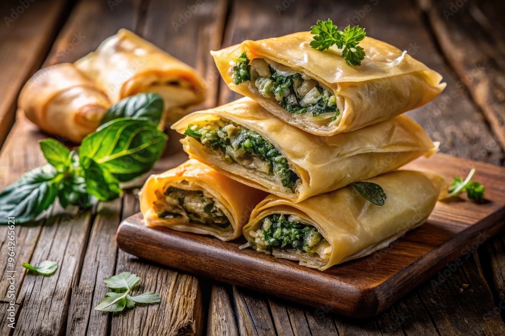 Golden crispy filo pastry layers wrapped around savory spinach and feta filling, garnished with fresh parsley, on a rustic wooden table with subtle shadows.
