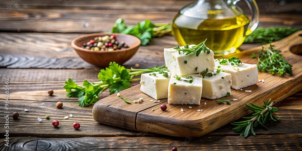 Feta cheese with herbs and olive oil on a rustic wooden board Feta cheese with herbs and olive oil on a rustic wooden board