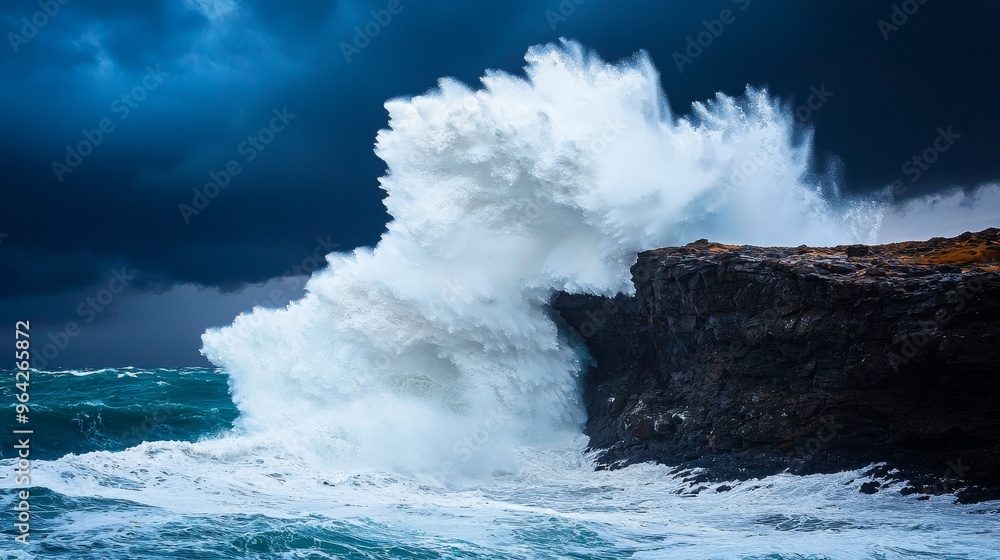 Fototapeta dramatic ocean wave crashing against coastal cliffs under a stormy sky - nature's raw power captured in an epic display