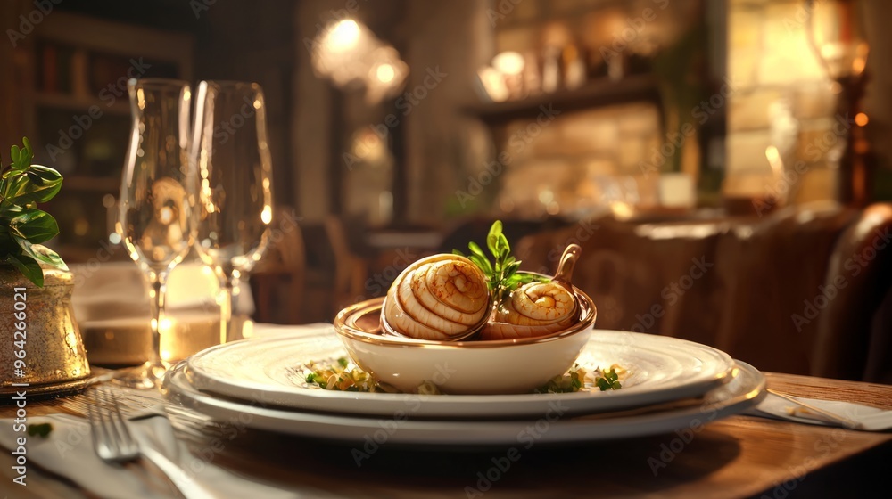 Two snails in a bowl on a table with wine glasses and silverware. Two snails in a bowl on a table with wine glasses and silverware.