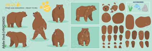 Cute brown bear ready for animation rigging , multiple poses, collection multiple angles including accessories, cartoon teddy bear character vector pack.