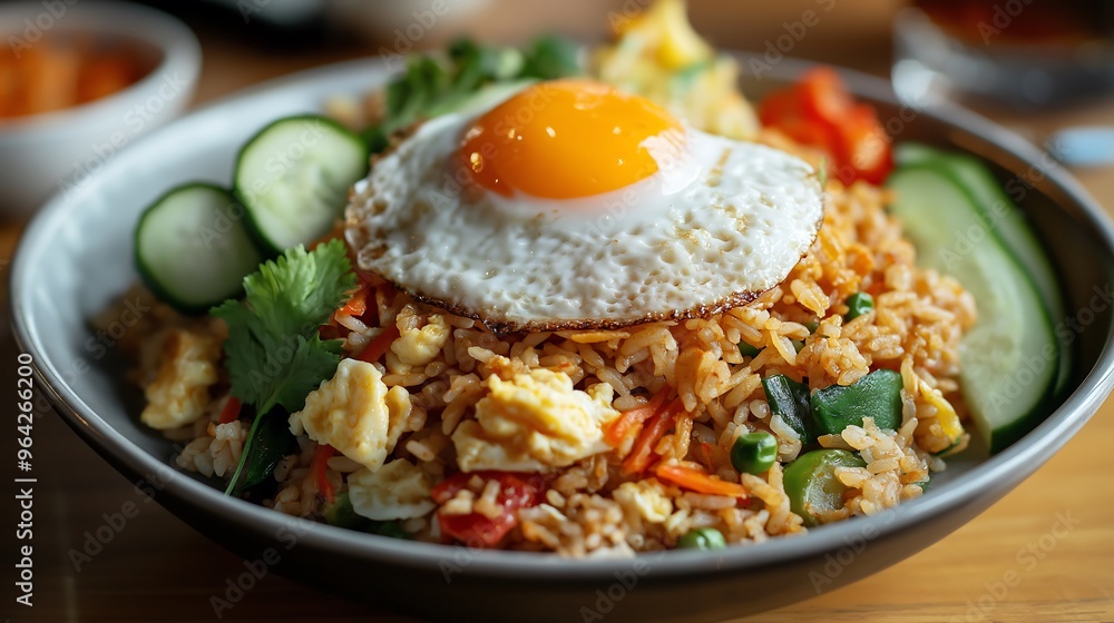 Khao Pad – Thai fried rice with vegetables, eggs, and your choice of protein, garnished with cucumber Khao Pad – Thai fried rice with vegetables, eggs, and your choice of protein, garnished with cucumber