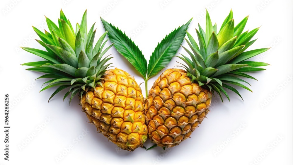 Golden Yellow Pineapple In A Heart Shape With Two Green Pineapple Leaves Above It On A White Background. Golden Yellow Pineapple In A Heart Shape With Two Green Pineapple Leaves Above It On A White Background.