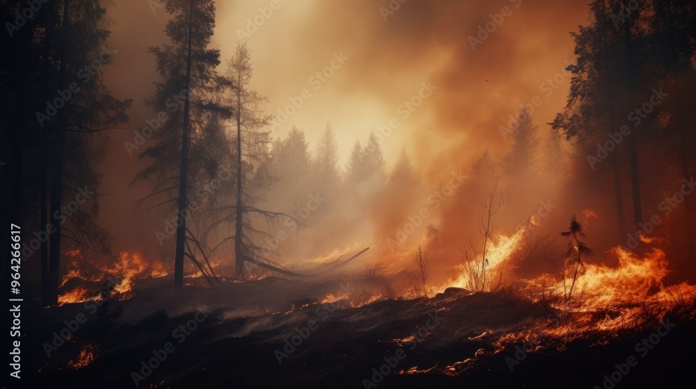 Fire accident in forest area due to global warming. Neural network ai generated art Fire accident in forest area due to global warming. Neural network ai generated art