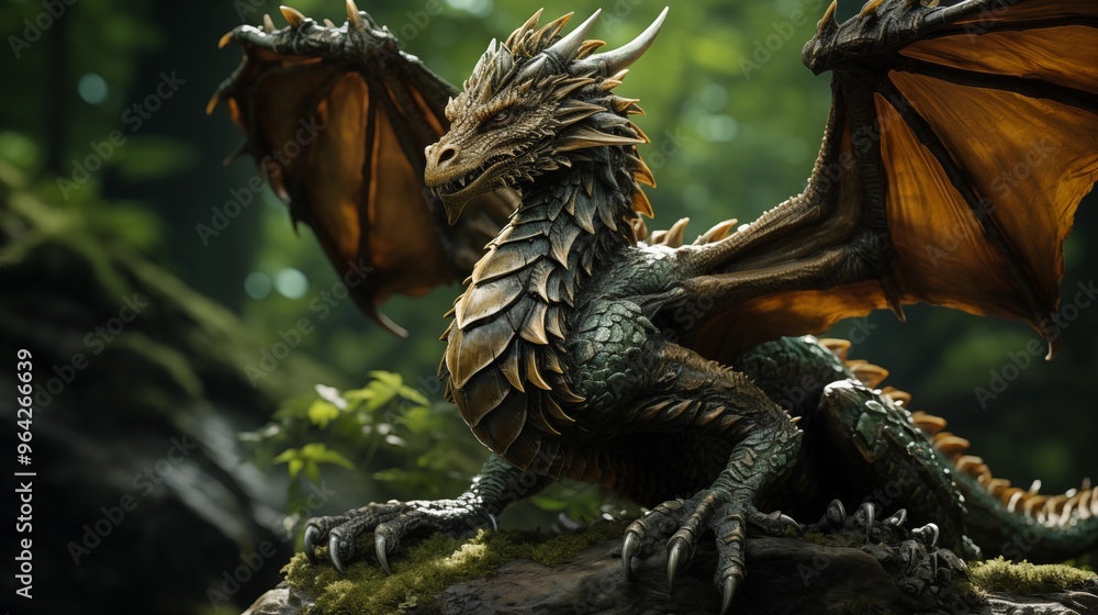 Fototapeta premium Forest dragon with wings sitting on stone in green woods.