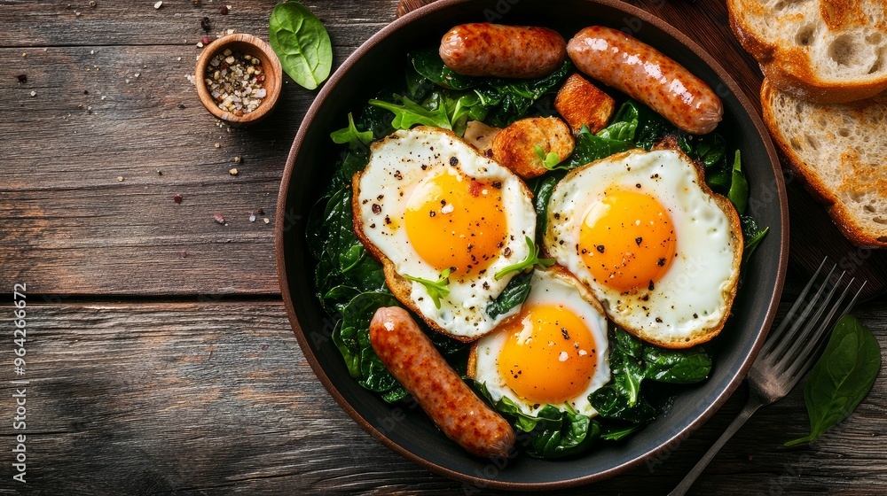 On a wooden table, there are sausages, toast, and sunny-side up eggs with spinach.
On a wooden table, there are sausages, toast, and sunny-side up eggs with spinach.