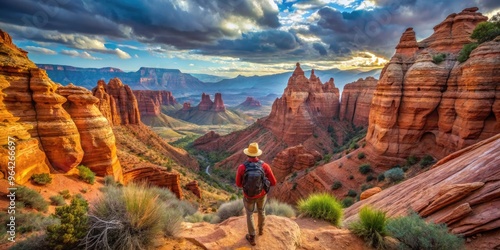 Hiker Explores Rugged Red Rock Formations And Vast Canyons Of A Desert Wilderness, Surrounded By Towering Peaks And Vibrant Colors. photo