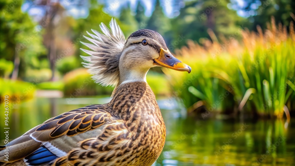 Fototapeta premium Quacking excited to share my fresh feather-do, flashing a posed pout and batting eyelashes, a serene pond backdrop behind me.