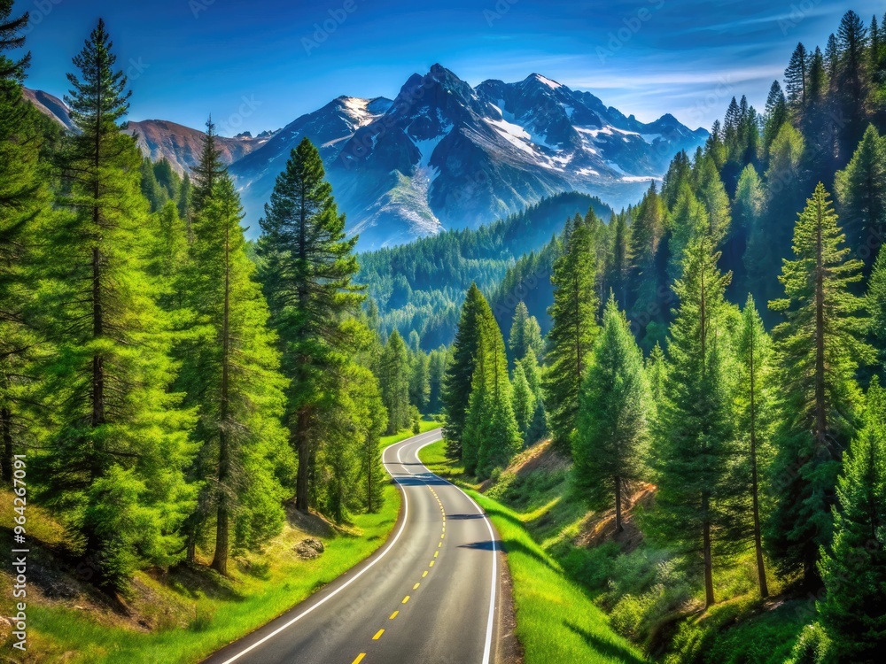 Idyllic Mountain Roadway Meandering Through Lush Green Hills And Towering Pine Forests Against A Clear Blue Sky Idyllic Mountain Roadway Meandering Through Lush Green Hills And Towering Pine Forests Against A Clear Blue Sky