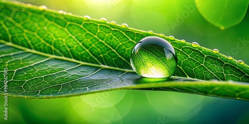 Raindrop clinging to a vibrant green leaf in a blurred natural background