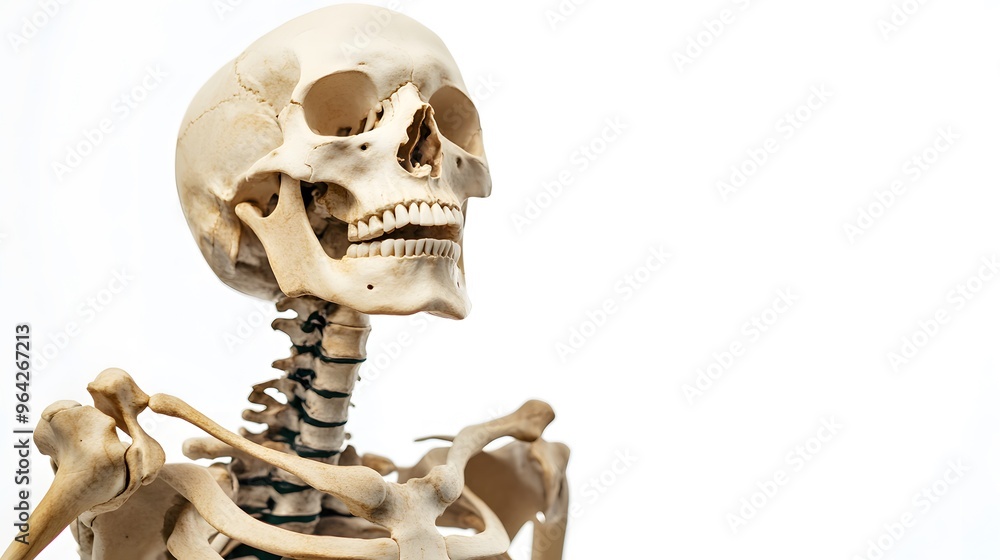 A close-up of a human skeleton model, with the skull tilted up, against a white background. A close-up of a human skeleton model, with the skull tilted up, against a white background.