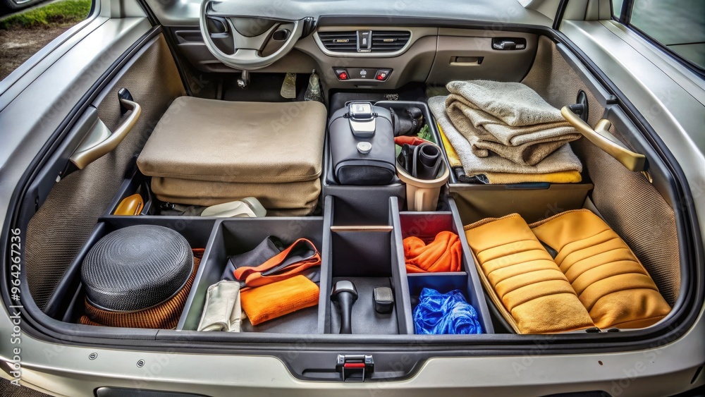 Interior Of A Car Showing The Open Glove Compartment Revealing Its Contents In A Tidy And Organized Manner. Interior Of A Car Showing The Open Glove Compartment Revealing Its Contents In A Tidy And Organized Manner.