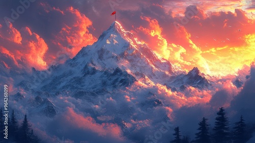 A snow-capped mountain peak with a red flag on top, surrounded by clouds and a fiery sunset sky.