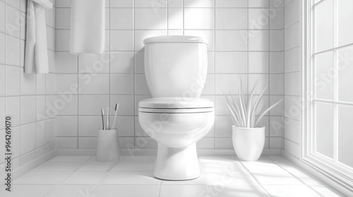 A white toilet sitting in a bathroom with plants and window, AI