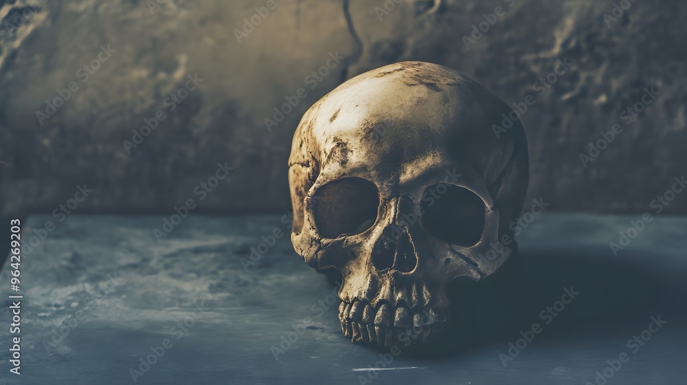 A human skull sits on a dark surface, creating an eerie and mysterious atmosphere. A human skull sits on a dark surface, creating an eerie and mysterious atmosphere.