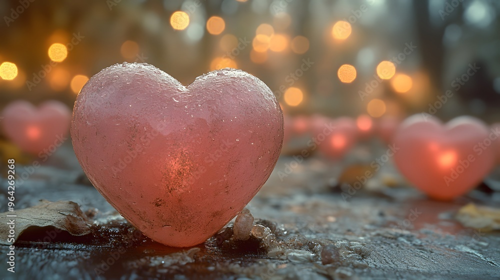 Fototapeta premium A heart made of ice is surrounded by candles. The scene is romantic and peaceful