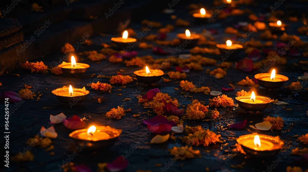 A dark background illuminated by rows of glowing oil lamps (diyas), with delicate patterns of marigold petals and lotus flowers scattered around A dark background illuminated by rows of glowing oil lamps (diyas), with delicate patterns of marigold petals and lotus flowers scattered around