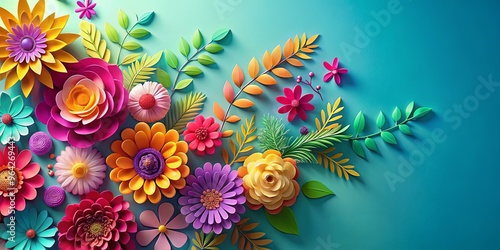 Fototapeta Naklejka Na Ścianę i Meble -  Vibrant wallpaper with paper cut flowers and shadows for a modern look