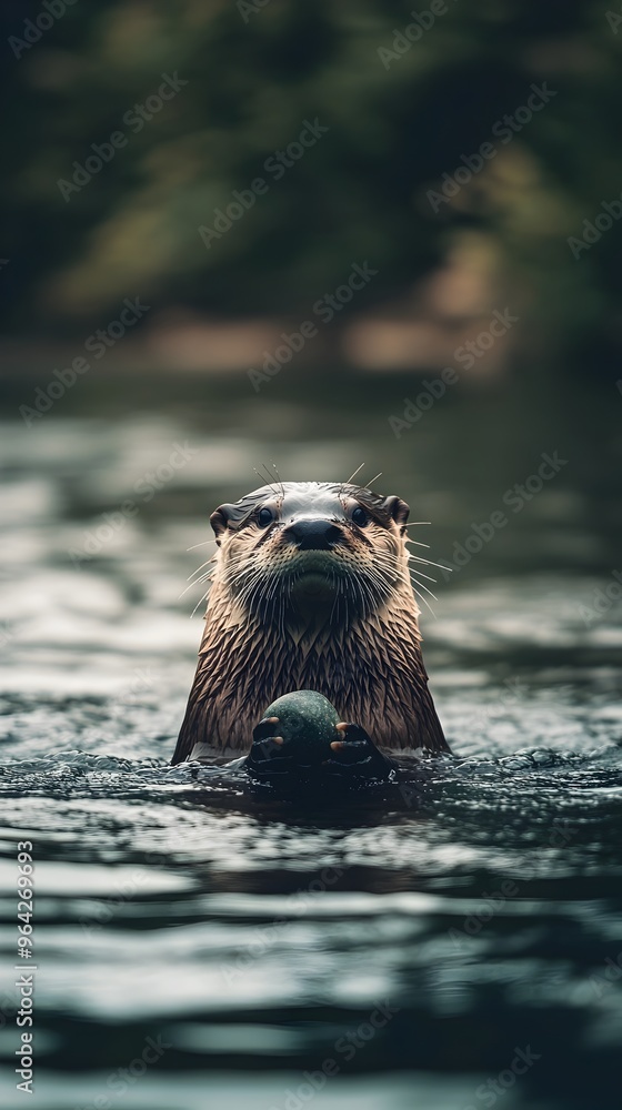 Fototapeta premium Otter Floating Peacefully with Stone on Shimmering River at Scenic Vantage Point