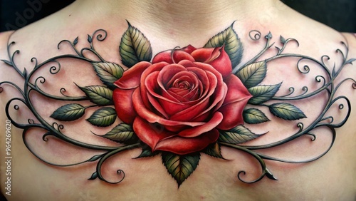 Rose flowers tattoo design featuring delicate petals and thorns, surrounded by intricate vines and subtle shading. photo