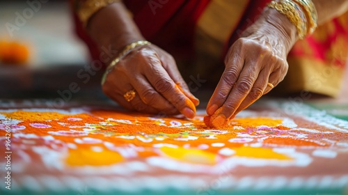 A detailed close up of rangoli being created, with vibrant colors and intricate designs forming the traditional patterns on the floor photo