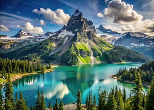 Majestic Black Tusk Mountain stands tall amidst a backdrop of turquoise lakes, lush green forests, and snow-capped peaks in British Columbia's Garibaldi Provincial Park.