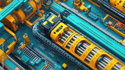 Vibrant industrial machinery showcasing intricate designs and bright colors, perfect for technology and automation themes. photo