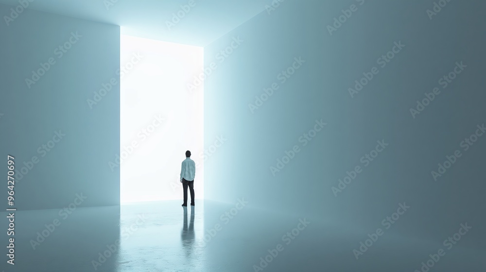 Businessman Standing in Minimalist Bright Room, Contemplating Future Opportunities Businessman Standing in Minimalist Bright Room, Contemplating Future Opportunities