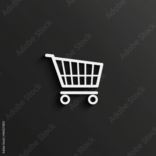 White shopping cart icon with long shadow on black background.